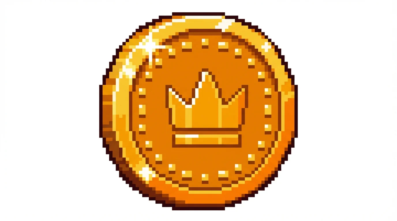 A pixel art illustration of a shiny gold coin with a crown symbol in the center, presented against a clean white background.