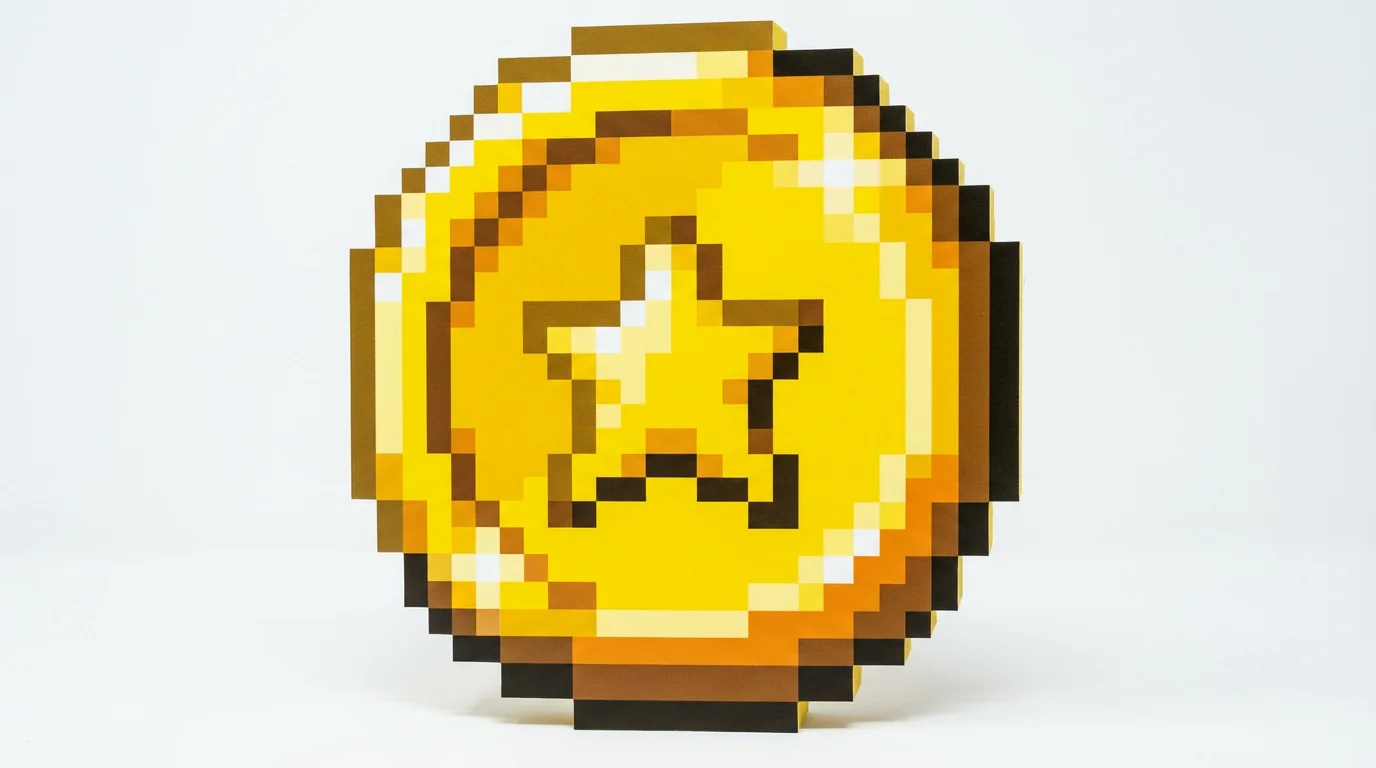 A 16-bit pixel art style illustration of a single, shiny gold coin with a star emblem, presented on a clean white background.