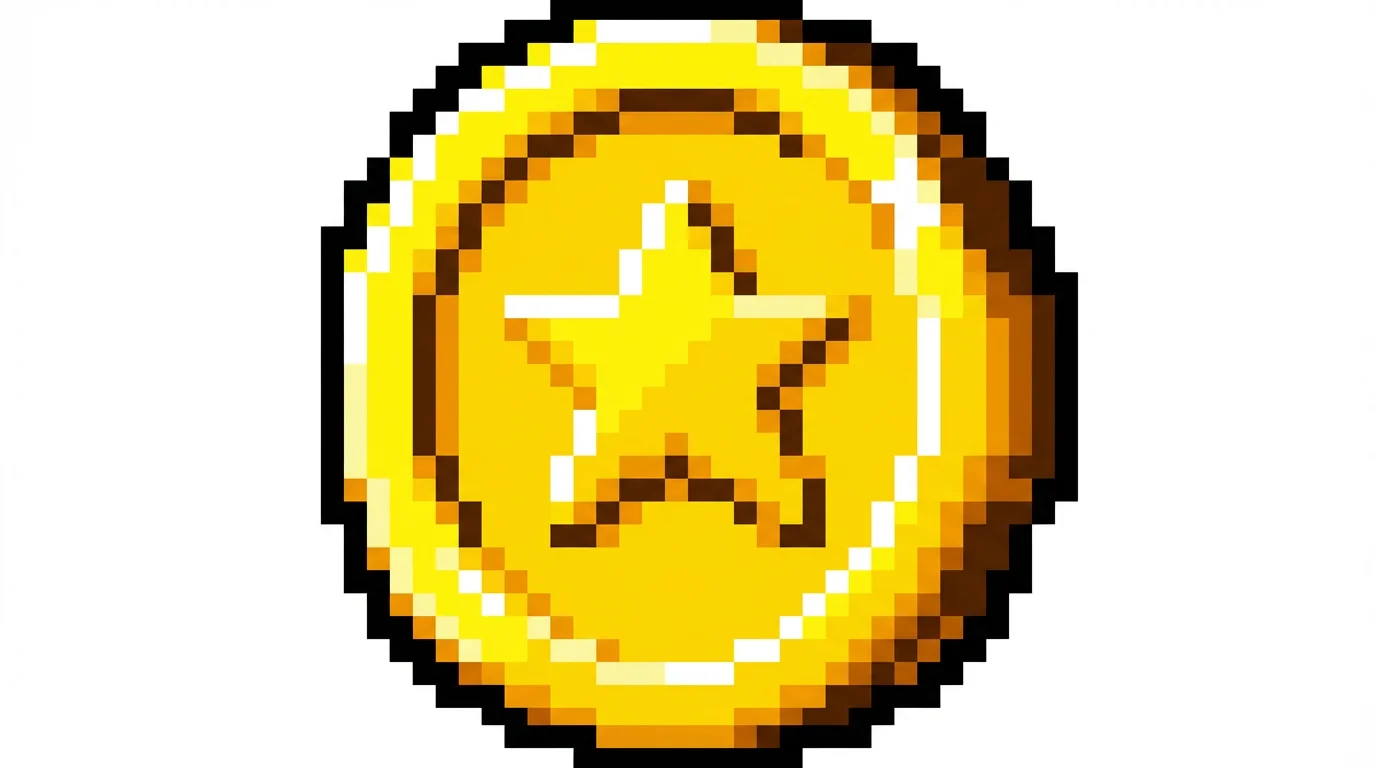 A pixel art illustration of a single shiny gold coin with a star in the middle, reminiscent of a classic video game treasure, on a plain white background.