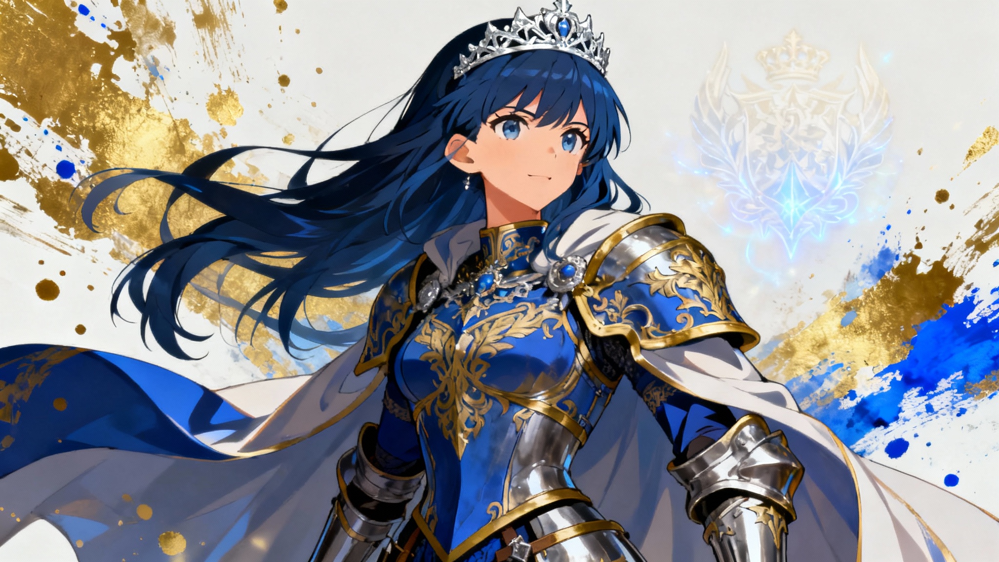 A digital painting of a female knight in the anime style of the Fire Emblem video game series, shown as a character portrait against an abstract background. She has long blue hair, a silver tiara, and wears ornate blue and gold armor.