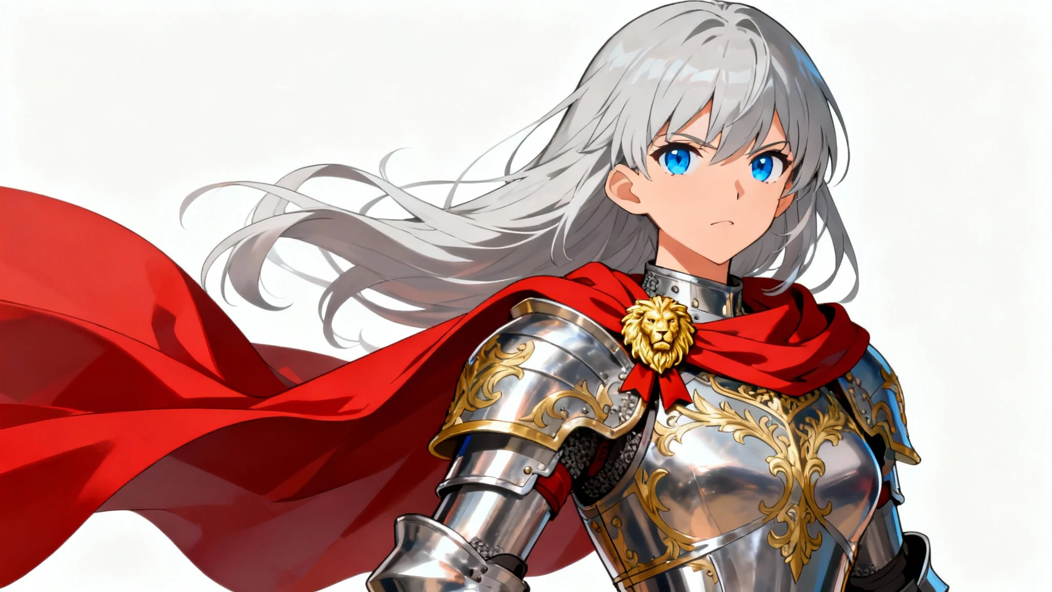 A detailed character portrait of a female knight in the style of the Fire Emblem video game series, with silver hair and ornate armor, against a white background.