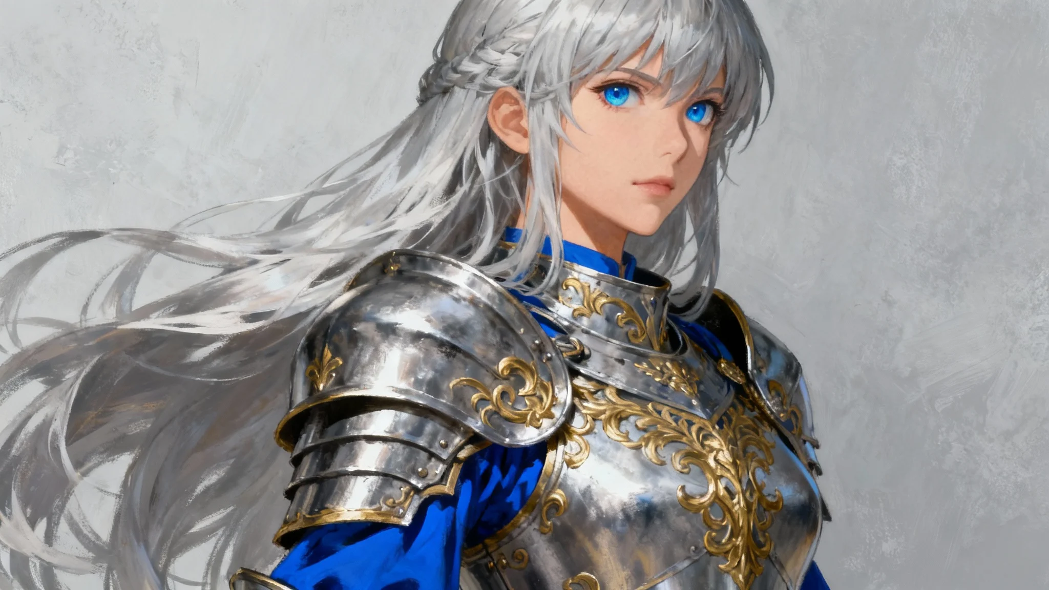 A detailed, anime-style portrait of a noble female knight with silver hair, wearing ornate silver and gold armor, in the style of the Fire Emblem games.