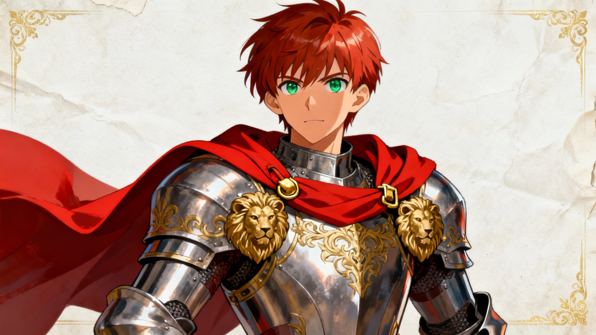 A detailed character portrait of a handsome male knight with auburn hair and green eyes, rendered in the anime style of the Fire Emblem games, wearing ornate steel armor against a simple off-white background.