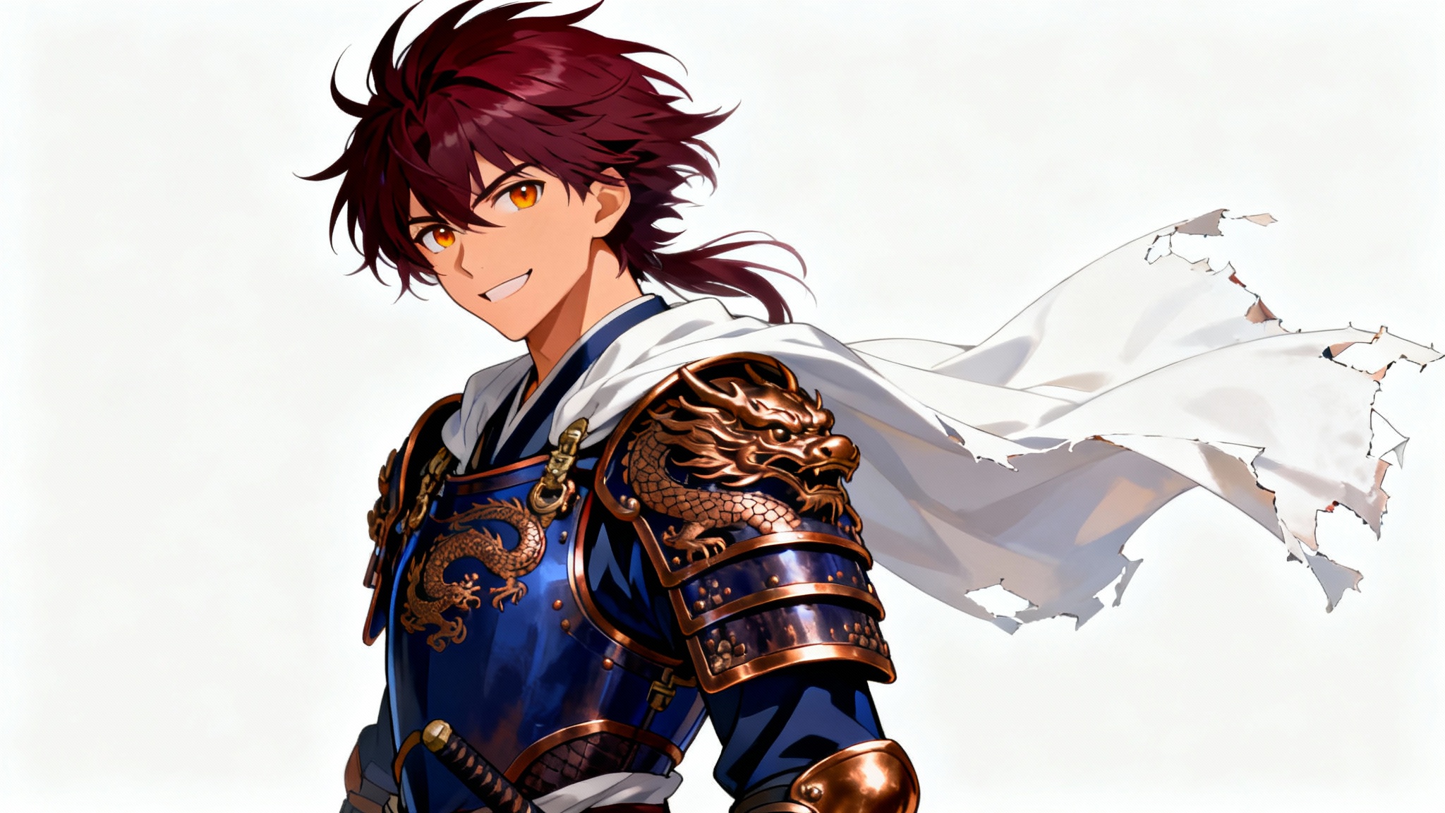 A digital painting of a Fire Emblem-style character portrait, showing a handsome male swordmaster with crimson hair and intricate indigo and bronze armor against a plain white background.