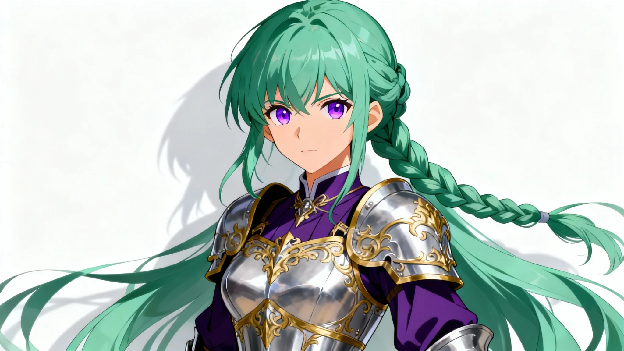 A high-quality anime character portrait of a female warrior with long green hair and purple eyes, wearing ornate silver and gold armor, in the style of Fire Emblem.