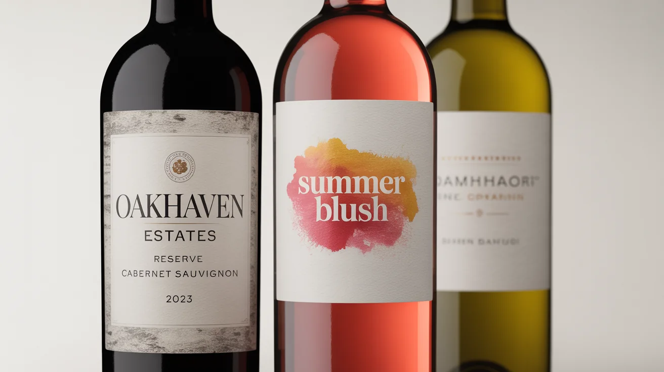 A photorealistic mockup of three different wine bottles lined up against a white background, each featuring a unique custom label design: one elegant for a vineyard, one modern for a rosé, and one rustic for a home brew.
