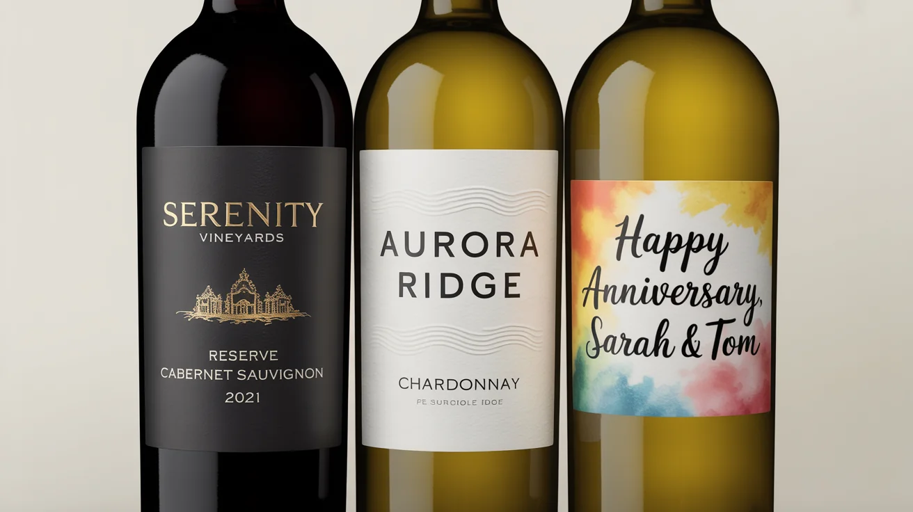 Three wine bottles, a red, a white, and a rosé, stand in a row, each featuring a unique, professionally designed custom label on a clean white background, showcasing options for wineries and personalized gifts.