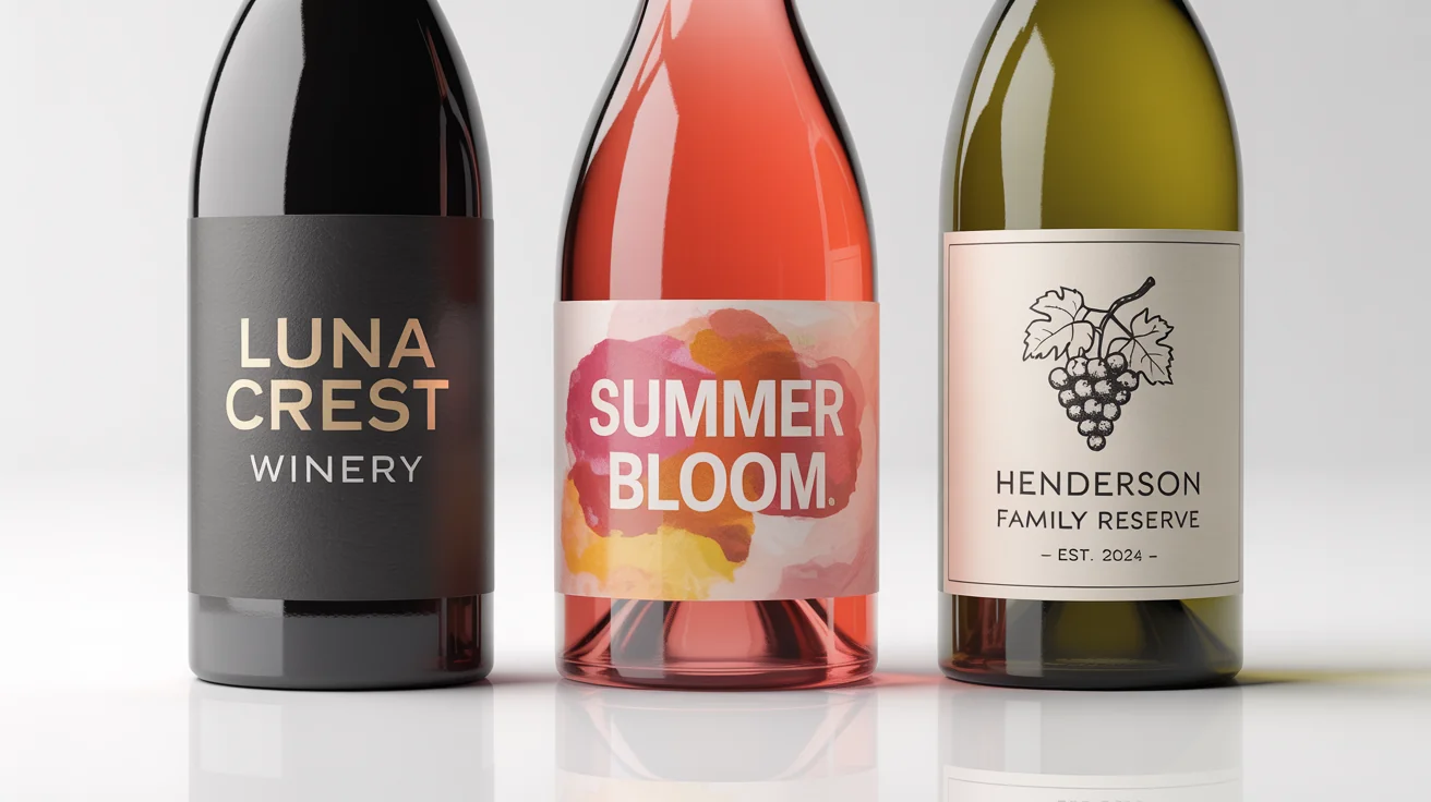 A professional product shot of three distinct wine bottles lined up against a white background, each featuring a unique custom label design: one minimalist black and gold, one artistic watercolor, and one rustic and hand-drawn.