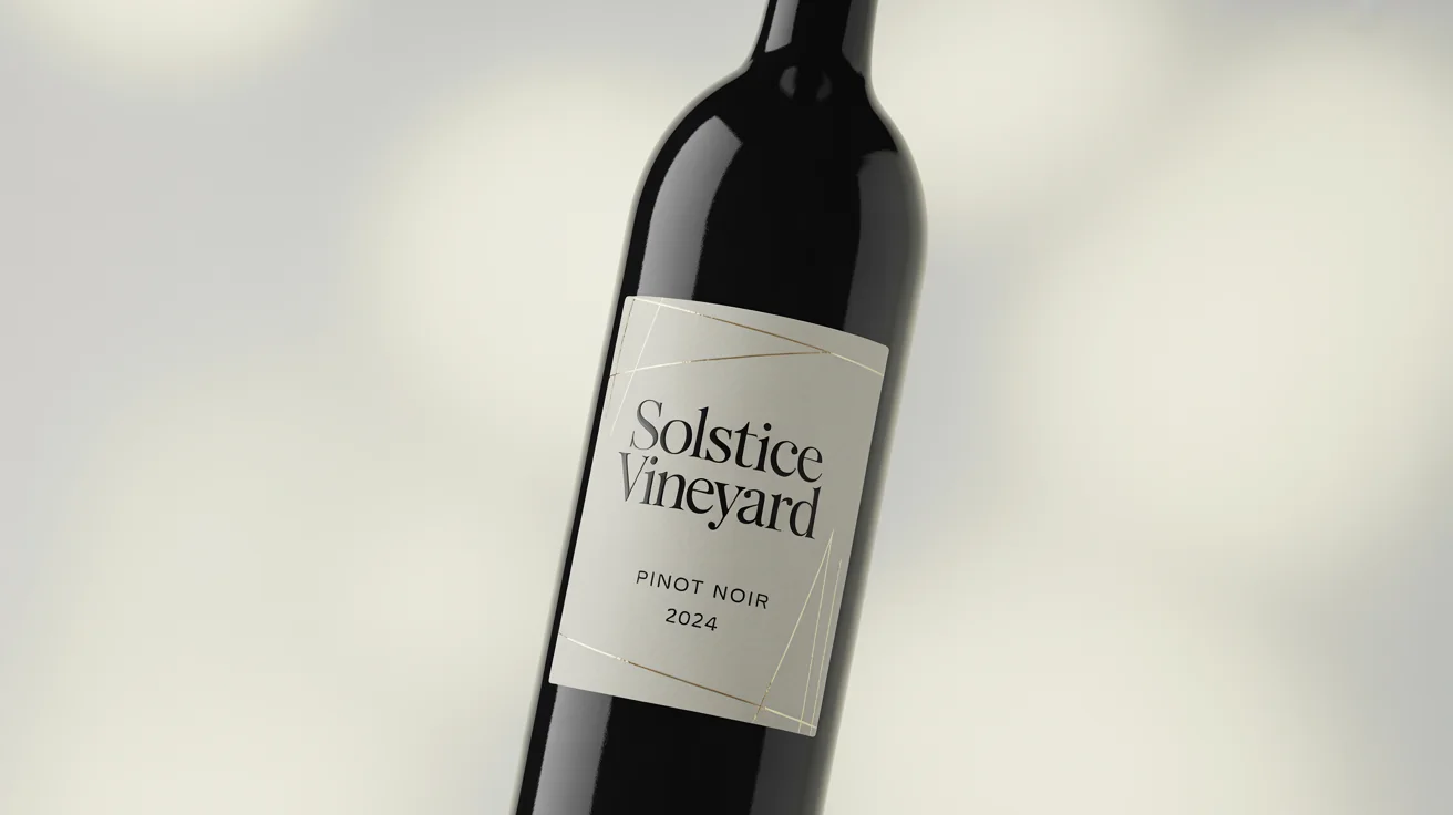 A professional mockup of a dark glass wine bottle featuring a custom, modern label that reads 'Solstice Vineyard Pinot Noir 2024', set against a clean white background.