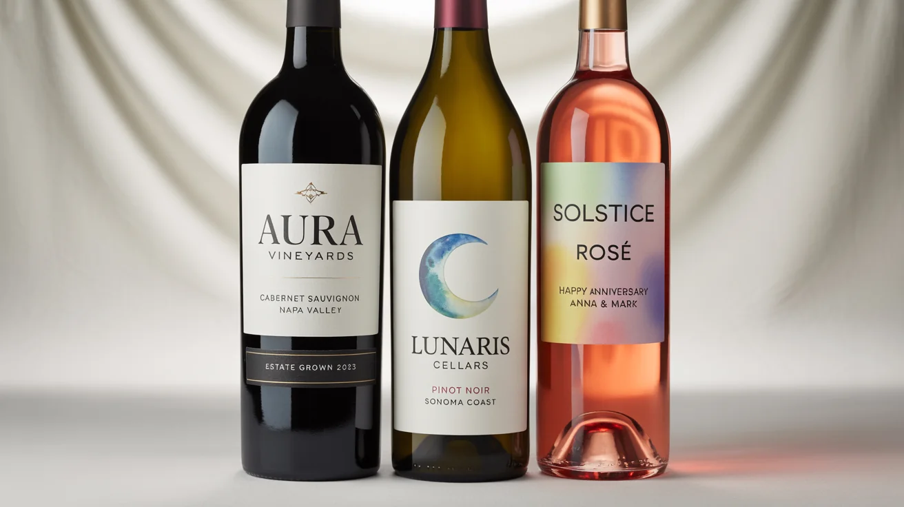 A studio mockup of three different wine bottles in a row on a white background, each with a unique, custom-designed label. The bottles represent a cabernet sauvignon, a pinot noir, and a rosé, showcasing various design styles from minimalist to illustrative and personalized.