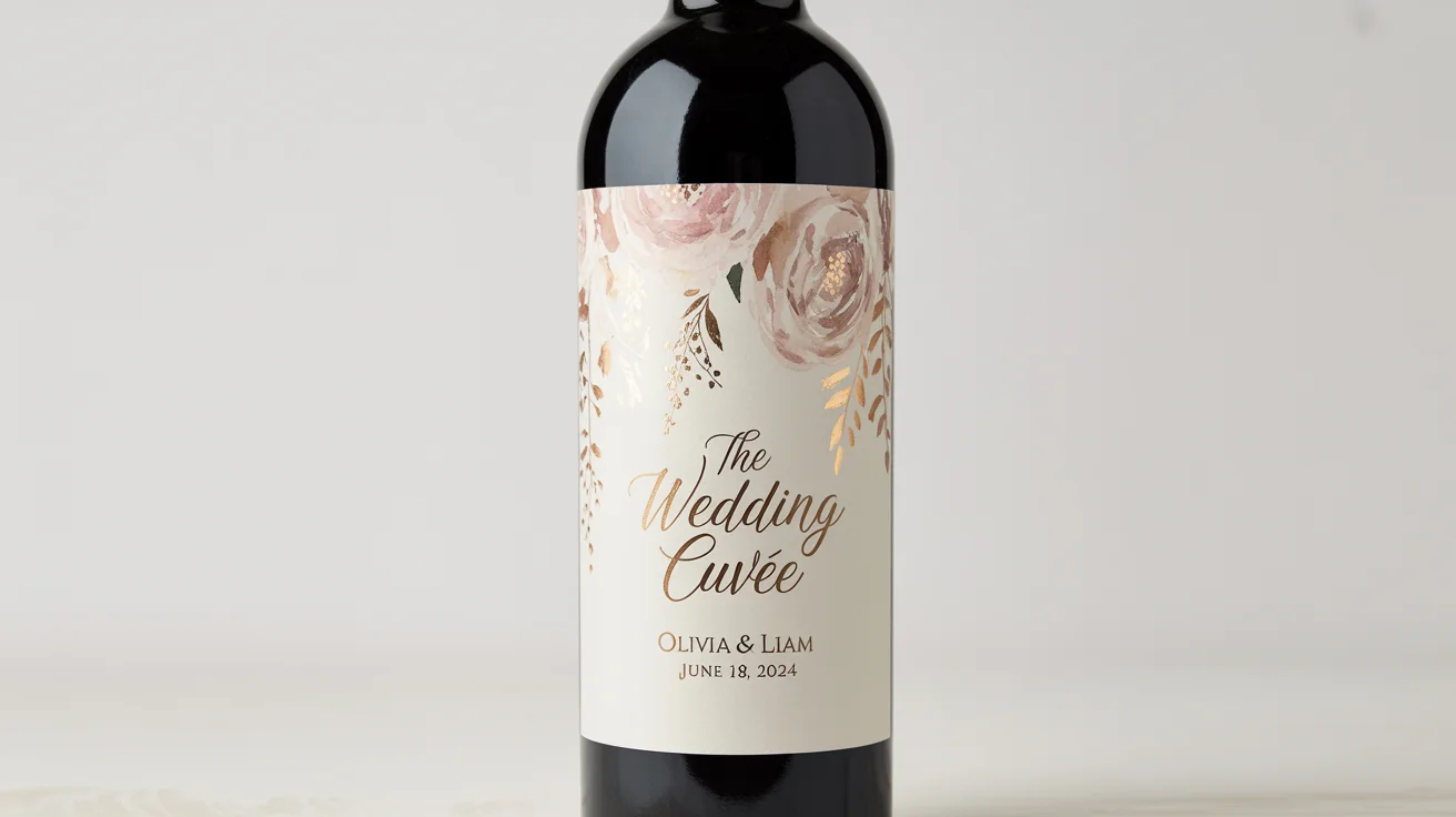 A mockup of an elegant red wine bottle with a custom, personalized wedding-themed label, set against a clean white background.