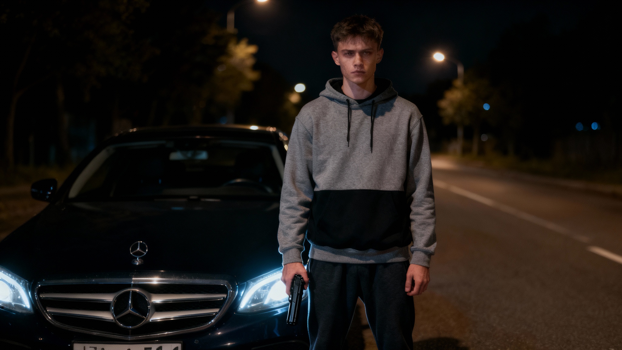 A photorealistic image of a young man in a hoodie standing next to a Mercedes-Benz at night, holding a black handgun by his side.