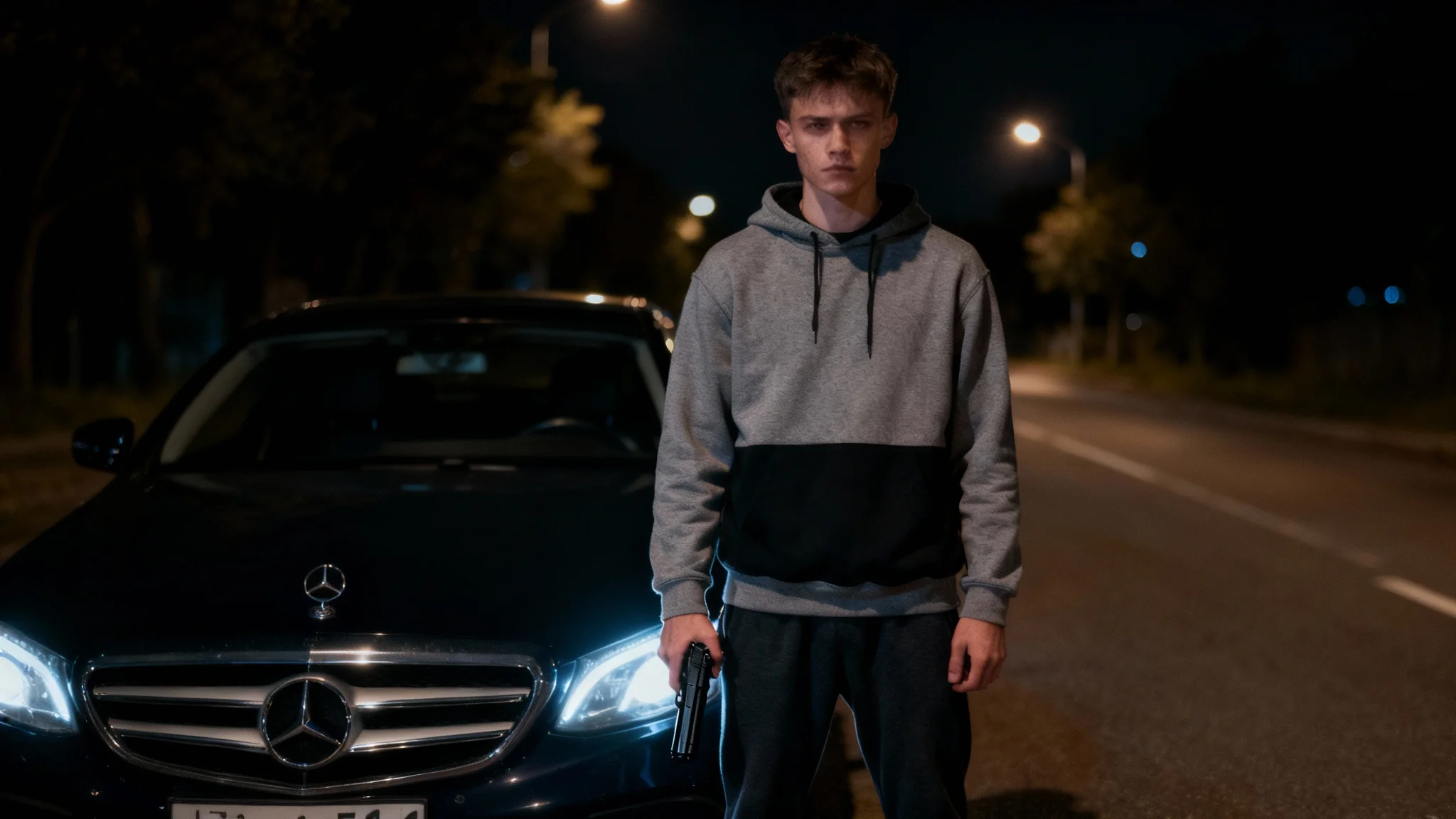 A photorealistic image of a young man in a hoodie standing next to a Mercedes-Benz at night, holding a black handgun by his side.