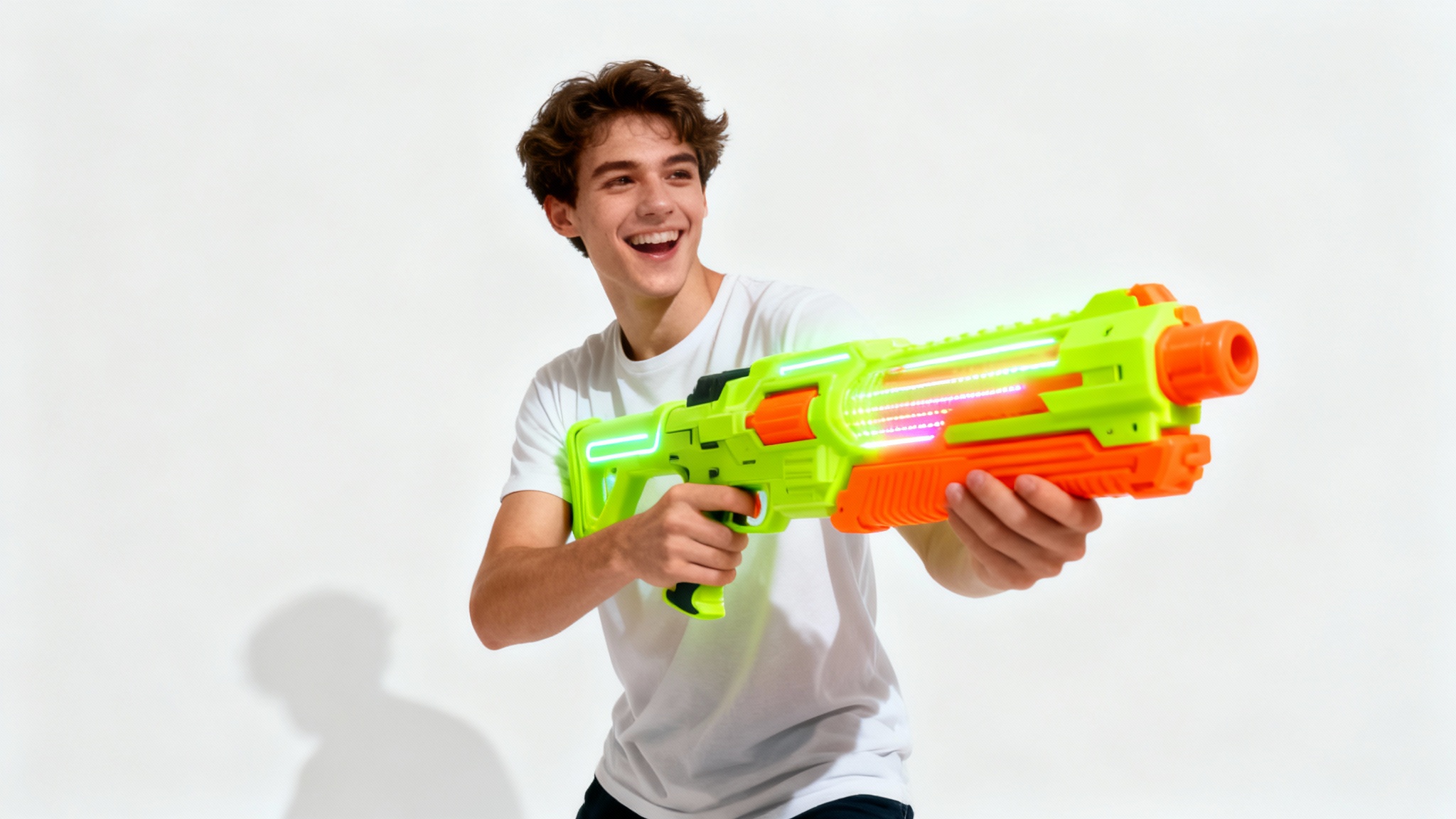 A man smiling against a white background, playfully holding a brightly colored toy water gun that looks like it has been digitally added to the photo.