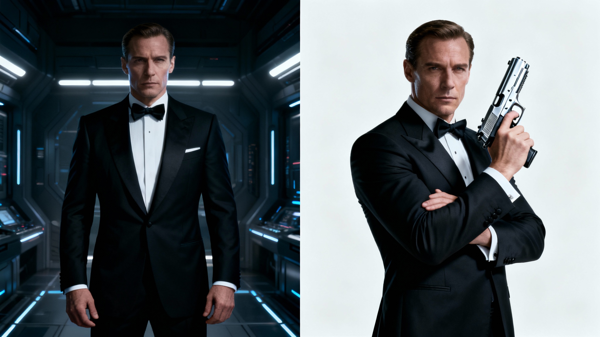 A before-and-after conceptual image. On the left, a secret agent in a tuxedo stands with empty hands. On the right, the same agent holds a silenced pistol.
