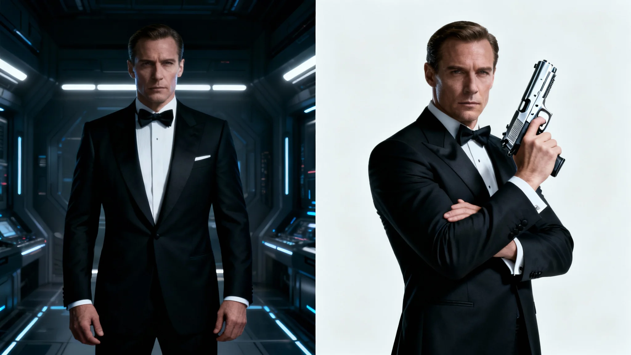 A before-and-after conceptual image. On the left, a secret agent in a tuxedo stands with empty hands. On the right, the same agent holds a silenced pistol.
