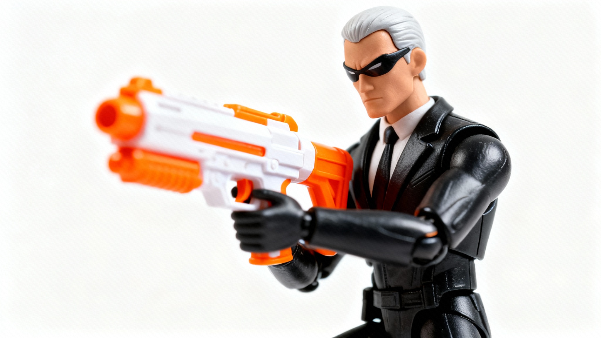 A photorealistic action figure is shown against a white background, with a brightly colored toy water gun being added to its hand, representing a photo editing capability.