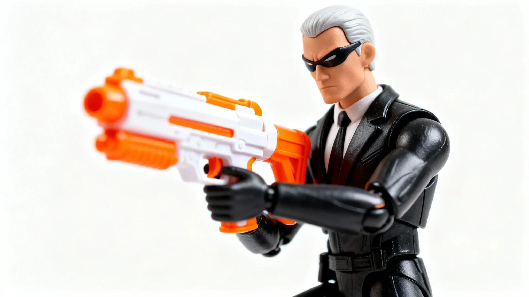 A photorealistic action figure is shown against a white background, with a brightly colored toy water gun being added to its hand, representing a photo editing capability.