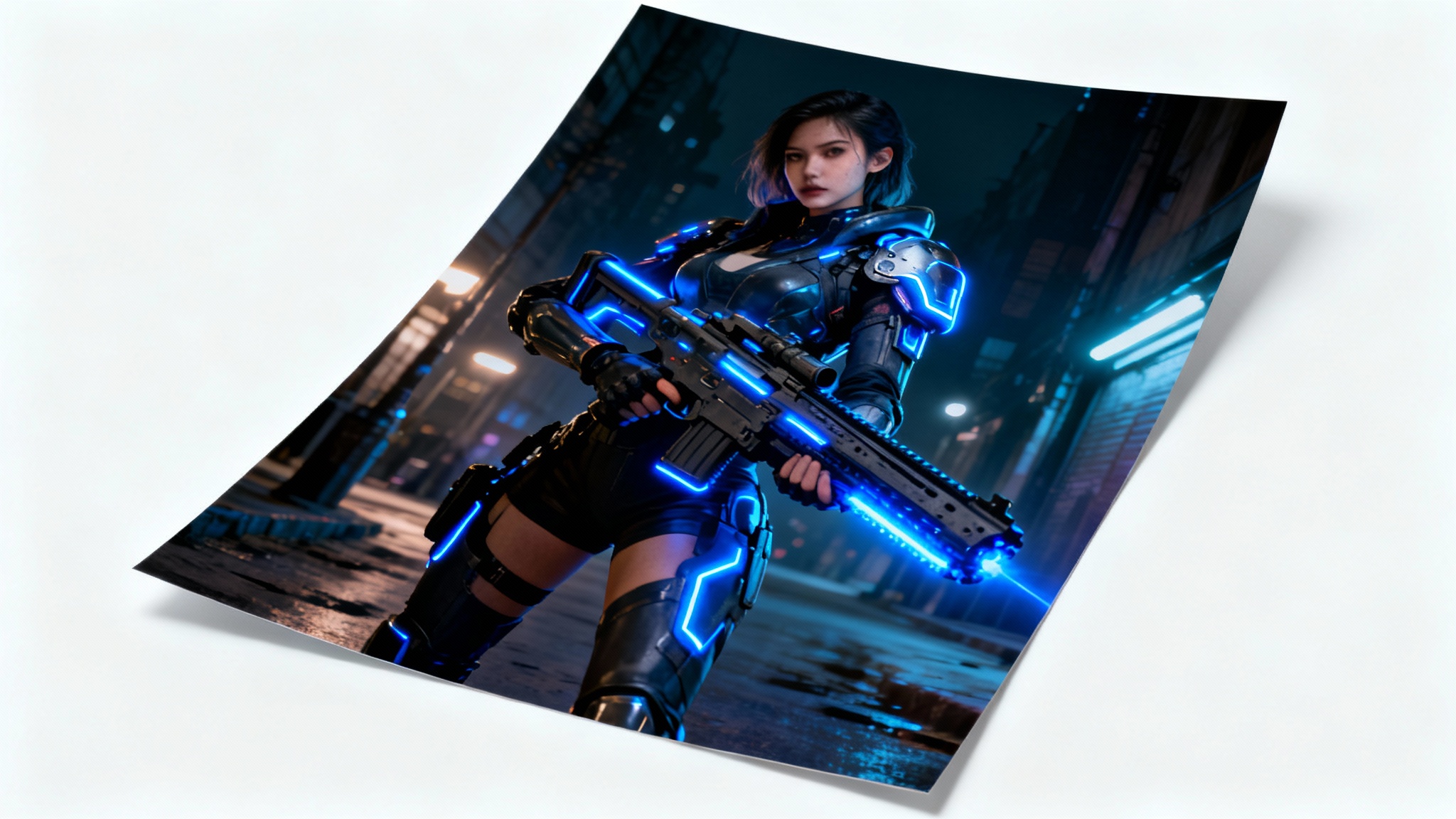 A mockup image showing a photograph on a white background. The photo depicts a cyberpunk character with a futuristic glowing rifle digitally added into a city street scene, illustrating a photo editing concept.