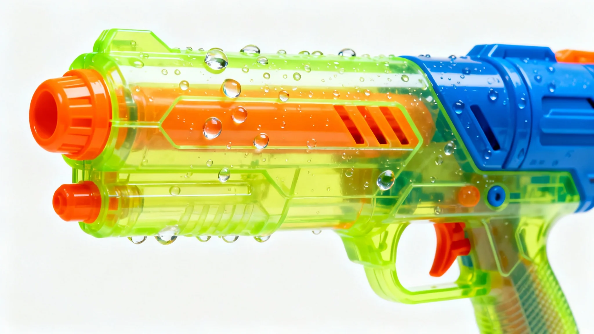 A hyper-realistic studio photograph of a brightly colored toy water gun with water droplets on it, set against a stark white background.