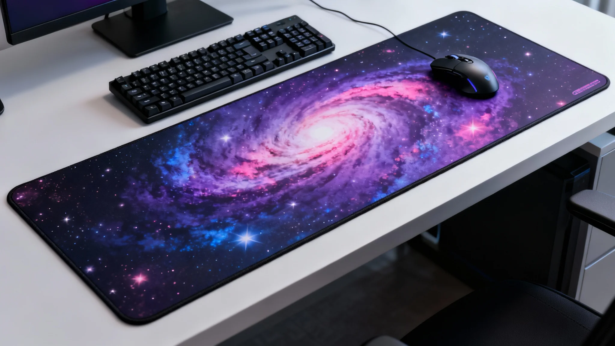 An extended gaming mousepad with a vibrant cosmic galaxy design sits on a modern desk, with a sleek black keyboard and mouse on top, viewed from a top-down angle.