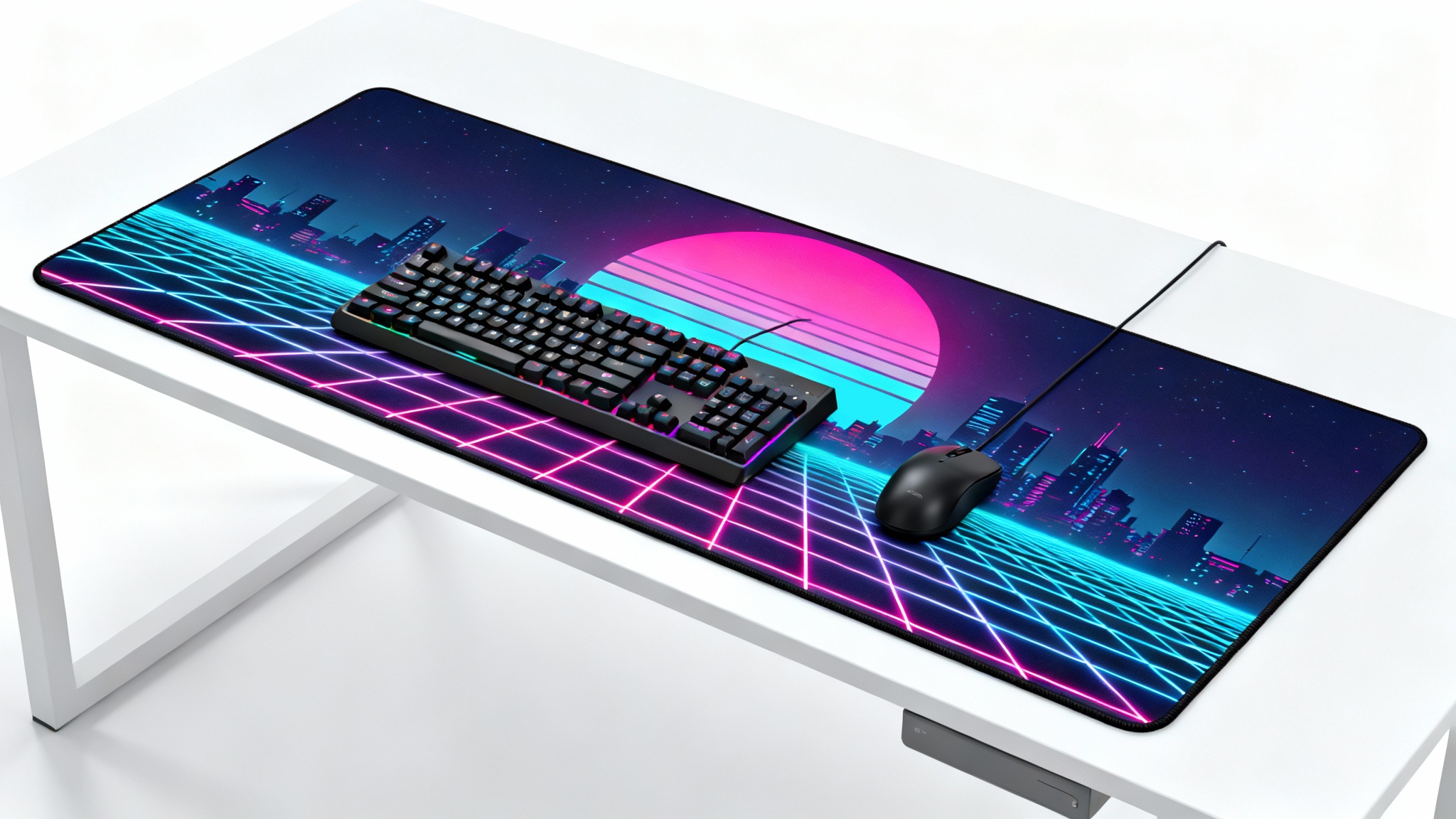 An extended mousepad featuring a vibrant synthwave city design, displayed on a clean white desk with a modern keyboard and mouse on top.