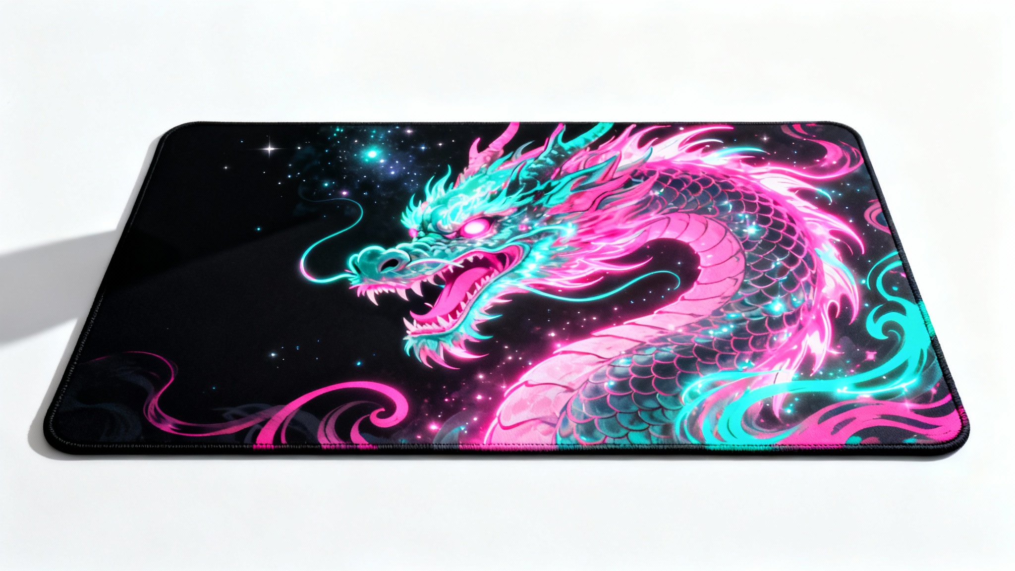 A photorealistic mockup of a long, extended mousepad featuring a vibrant and detailed design of a roaring celestial dragon in neon pink and cyan against a black background, shown against a plain white surface.