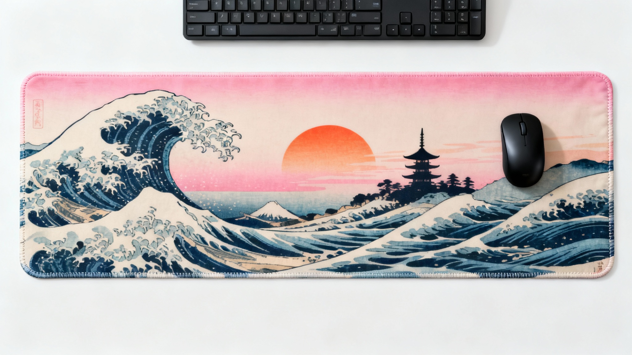 A custom extended mousepad with a beautiful Japanese landscape design, shown on a clean white background with a black keyboard and mouse placed on top.