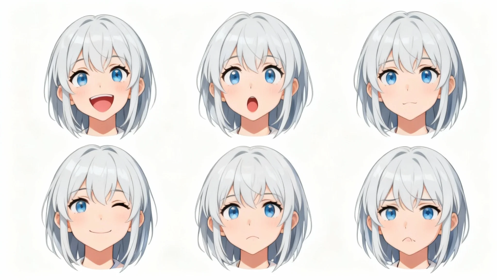 A professional anime character sheet showing a girl with silver hair demonstrating four different mouth expressions: a happy smile, a surprised look, a gentle smile, and a pout.