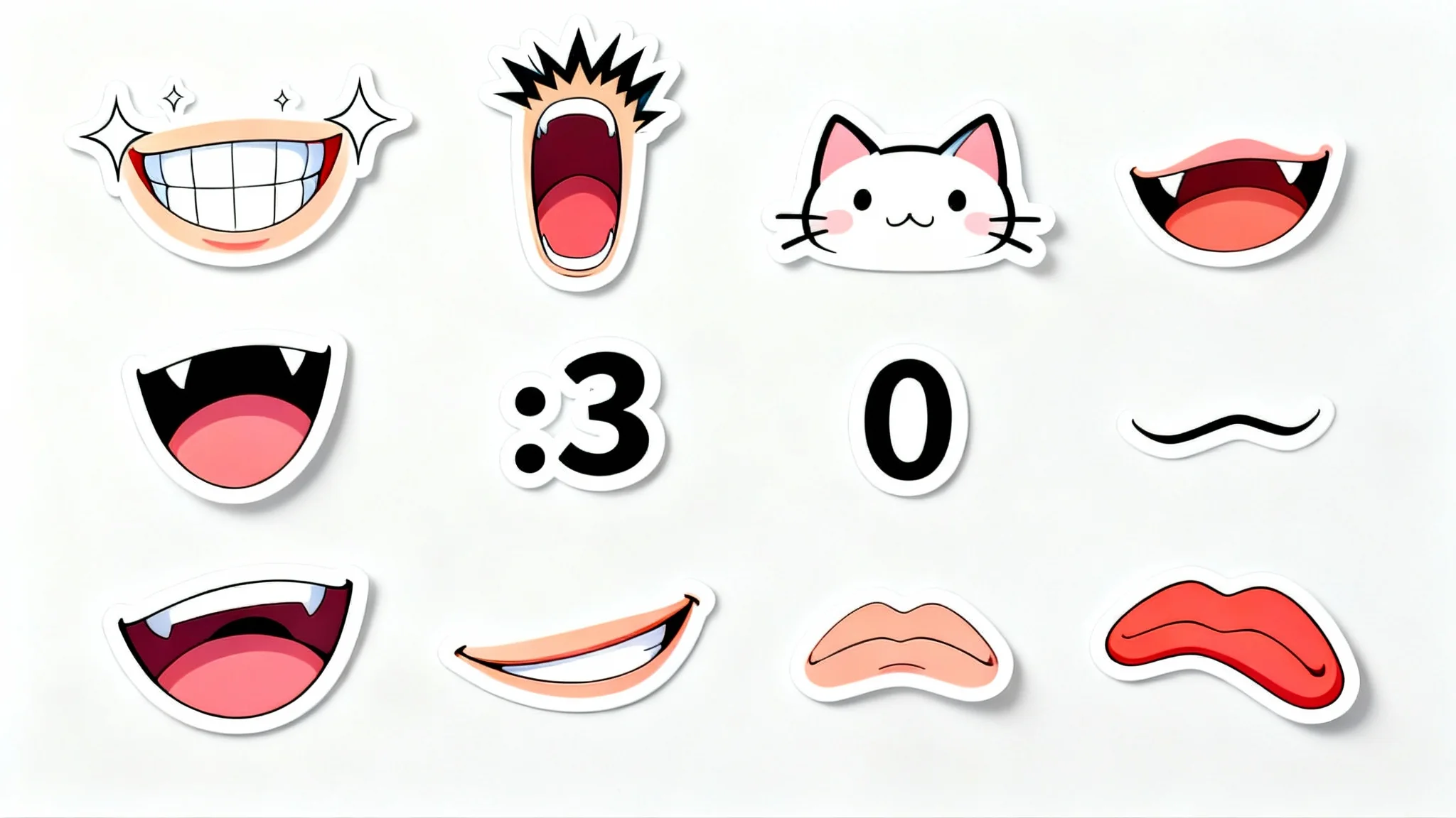 A vibrant collection of different anime-style mouths showcasing various expressions, such as a happy smile, a shouting mouth, and a surprised 'o' shape, all arranged neatly on a clean white background.