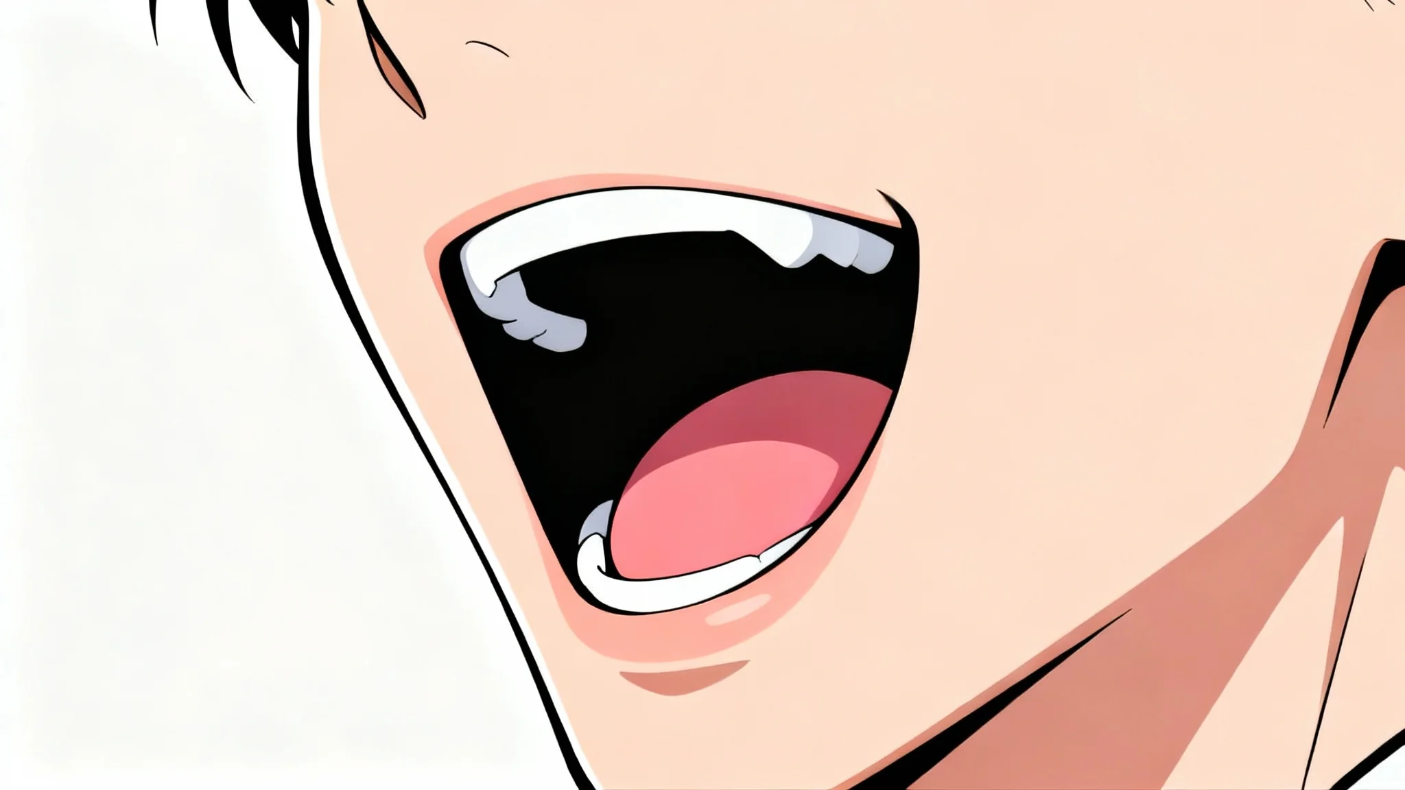 A close-up digital illustration of an expressive anime mouth, open in a shout, rendered in a clean, modern style against a solid white background.