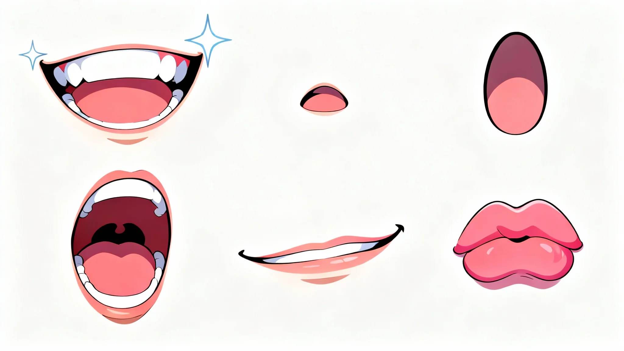 A collection of various anime-style mouths on a white background, demonstrating different emotions like happiness, surprise, and anger.