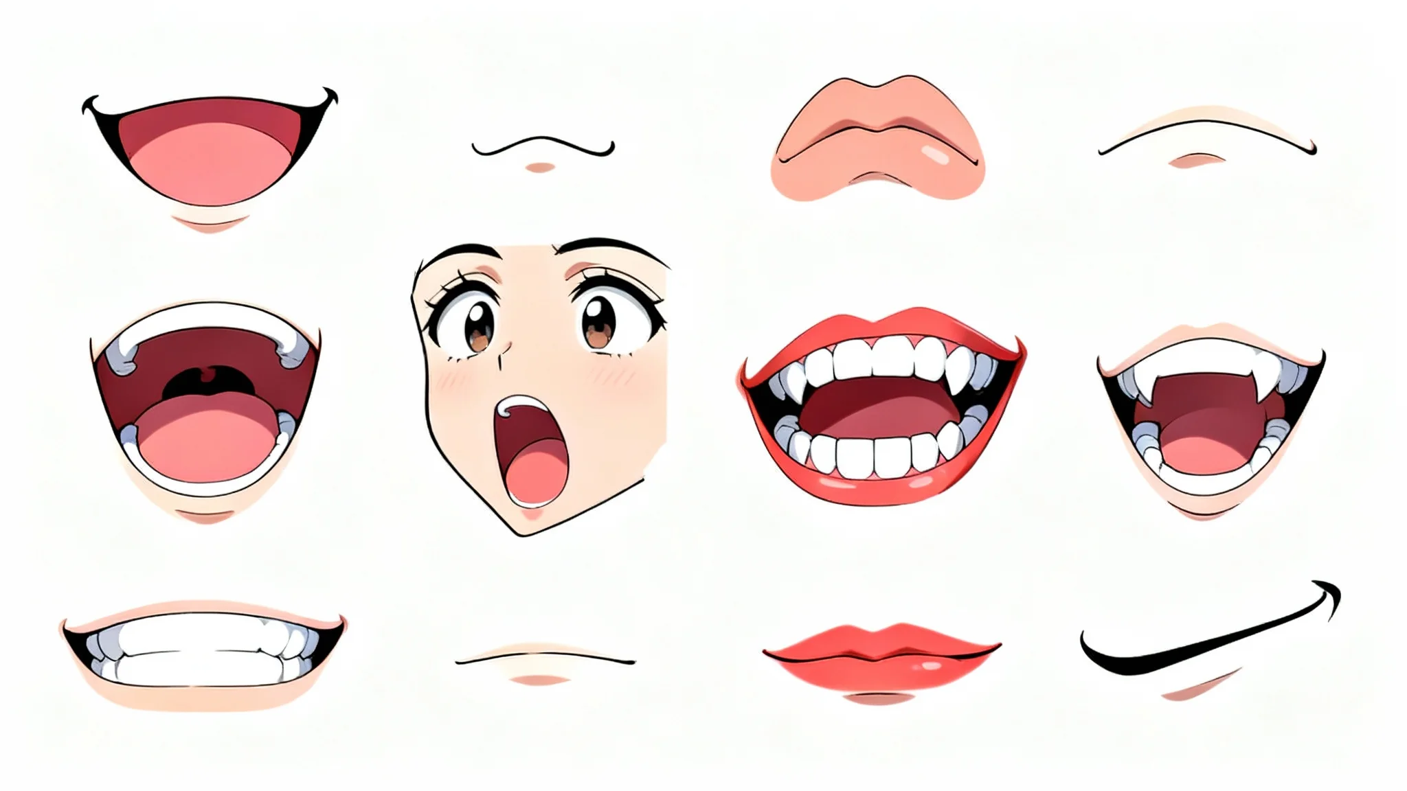 A digital art reference sheet showcasing a variety of anime-style mouths with different expressions, including smiling, frowning, and surprise, all set against a plain white background.