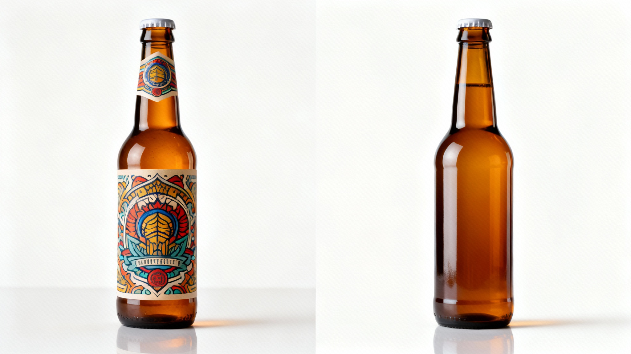 A side-by-side comparison showing a beer bottle with a label on the left, and the same bottle with the label perfectly removed on the right, against a clean studio background.