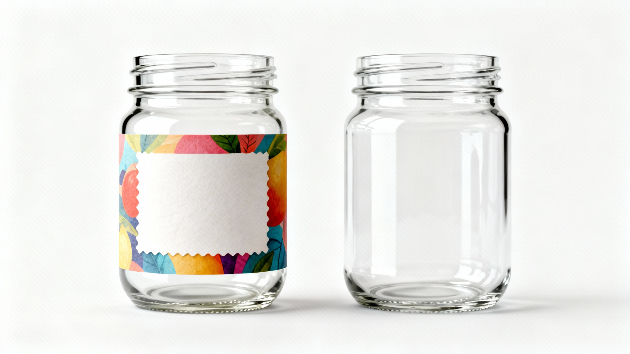 A before-and-after product shot showing two identical jam jars. The jar on the left has a label, and the jar on the right has the label cleanly removed, demonstrating the 'remove label' feature.