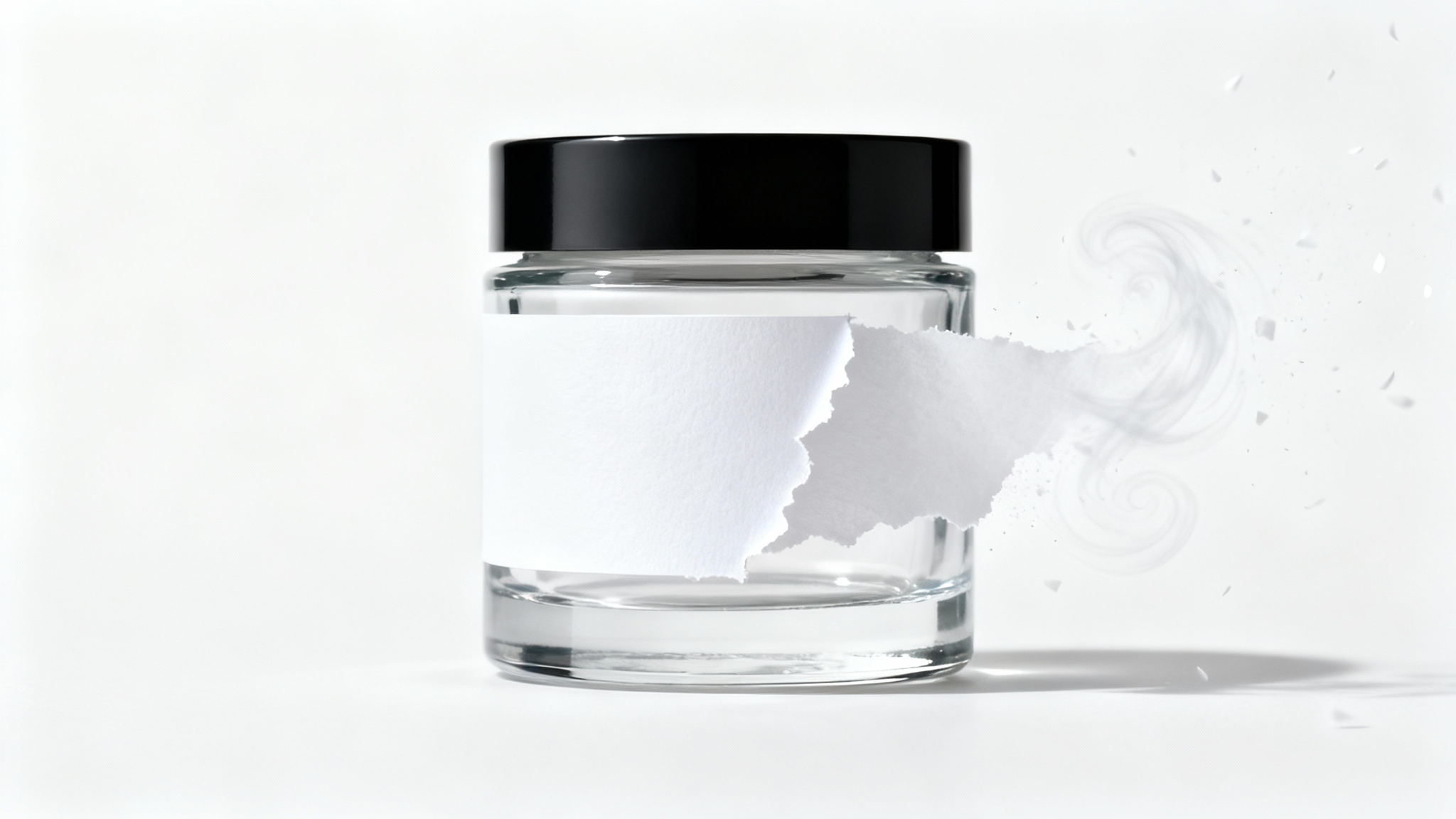 A cosmetic jar on a white background, with its label magically dissolving off the side to reveal a clean surface, demonstrating the concept of label removal.