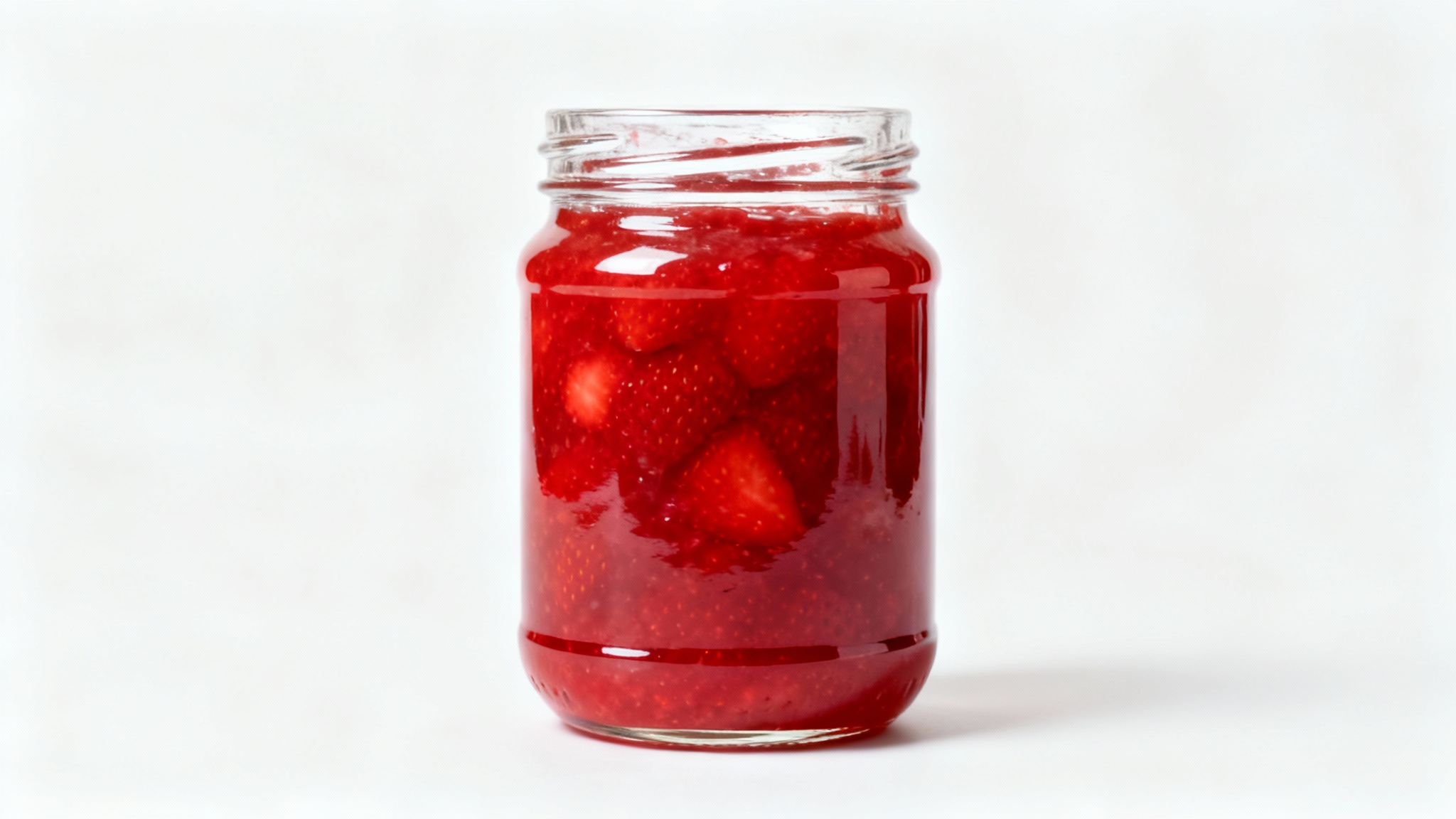 A professional product photo of a glass jam jar filled with strawberry jam, with its label perfectly removed, sitting against a clean white background.