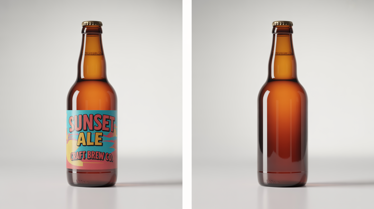 A before-and-after comparison. On the left, a glass beer bottle has a brand label. On the right, the same bottle is shown with the label cleanly removed, leaving a pristine surface.