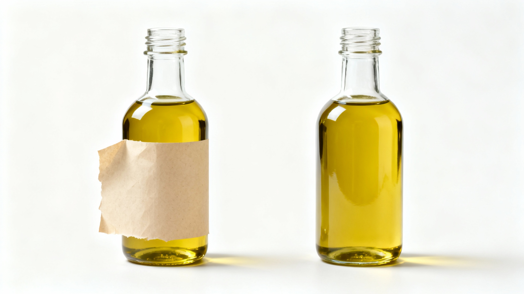 A side-by-side comparison of two identical glass bottles of olive oil on a white background. The bottle on the left has a label, while the identical bottle on the right is perfectly clean with no label.