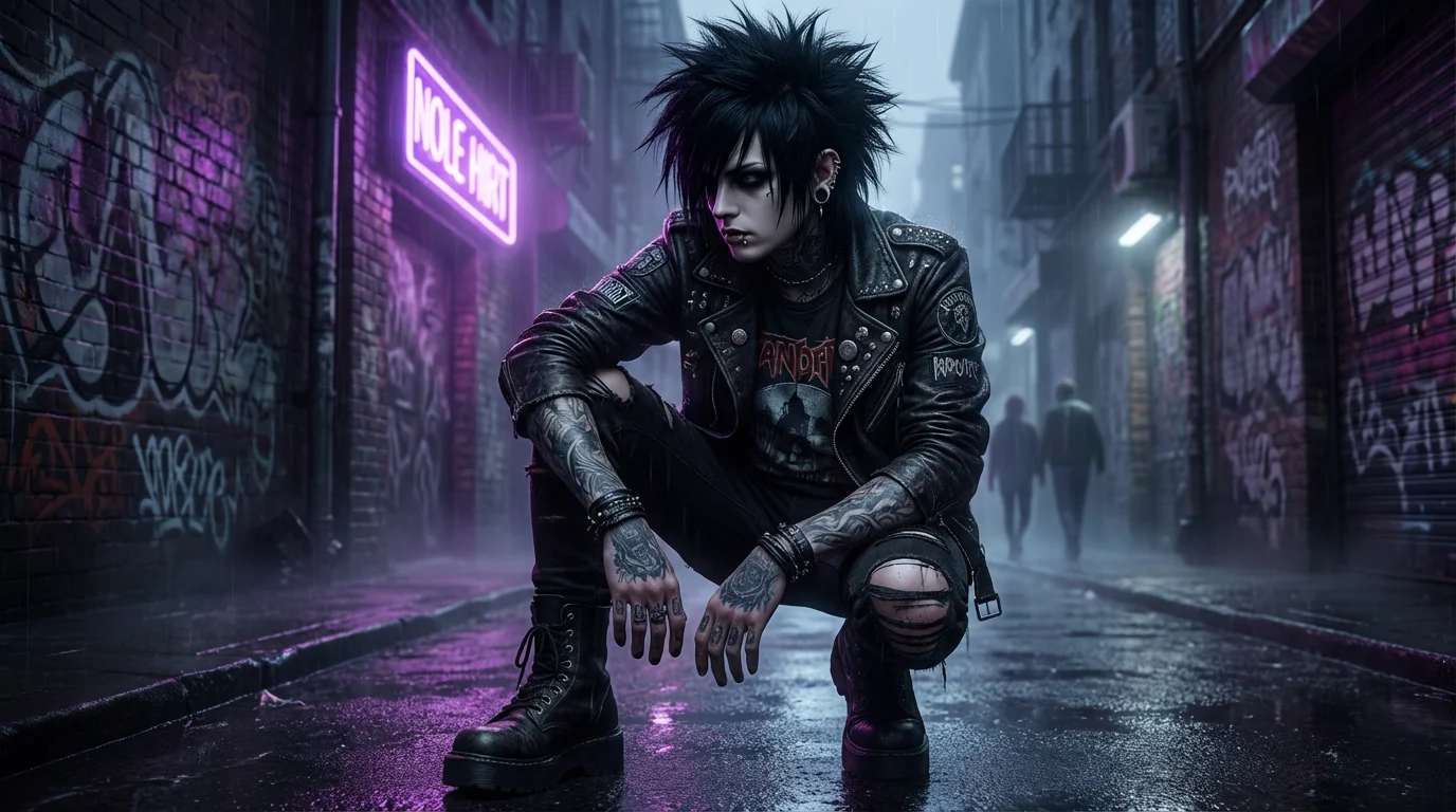 A highly detailed digital illustration of a goth character in a neon-lit urban alley. The final design shows the character with spiky black hair, a leather jacket, and dramatic makeup, representing a polished character creation.