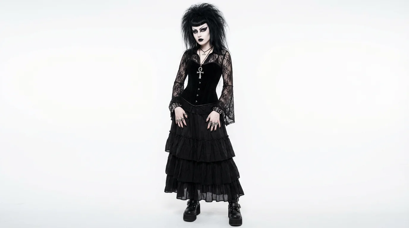 A full-body digital illustration of a goth character with large black hair and dramatic makeup, wearing an elegant black velvet and lace outfit against a plain white background.