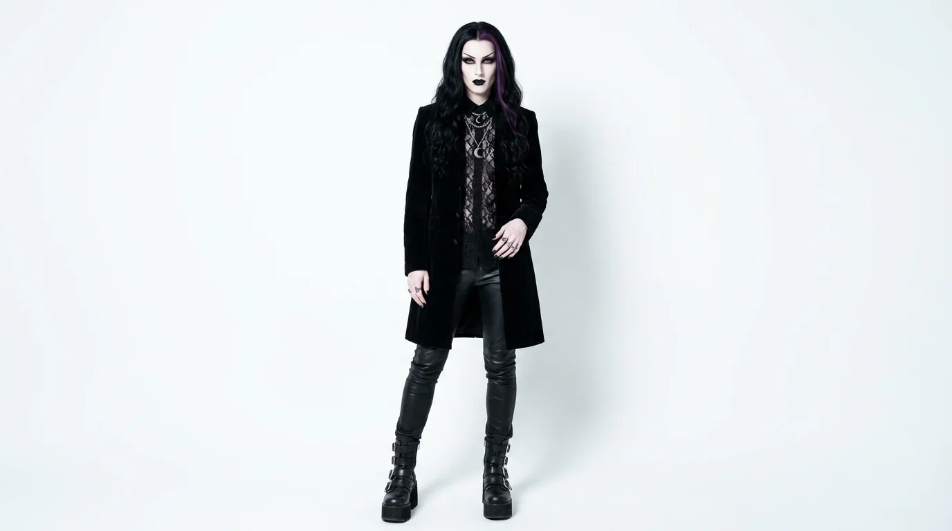A full-body photograph of a goth character dressed in a black velvet coat and leather pants, with dramatic makeup and black hair, standing against a plain white background.
