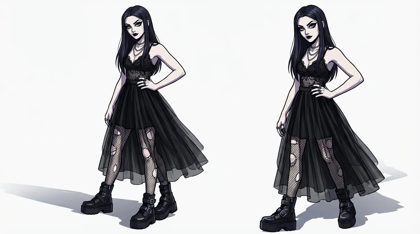 A full-body digital illustration of a character dressed in modern goth fashion, including a lace top, layered skirt, and platform boots, posing against a white background.