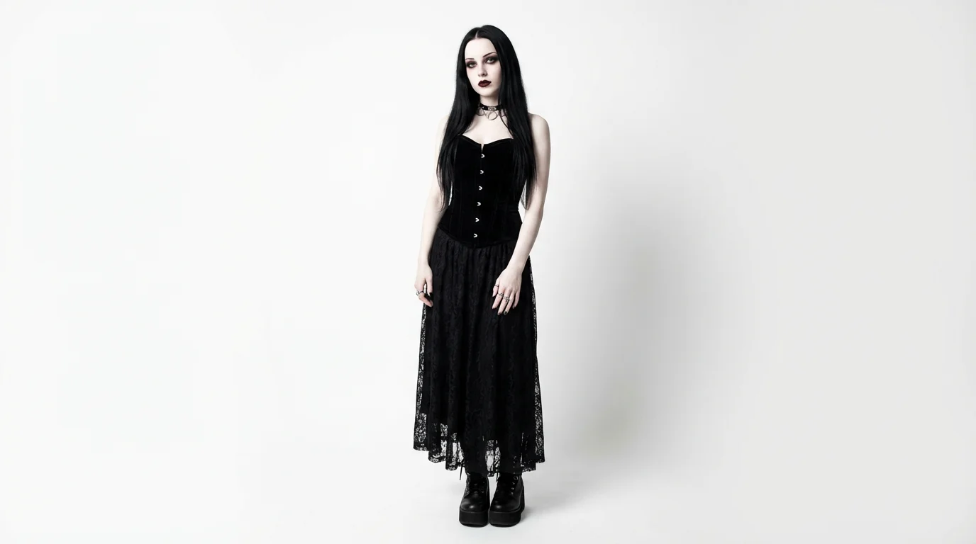 A full-body photograph of a woman dressed in an elegant goth style, with black hair, dark makeup, and a black lace and velvet outfit, posing against a plain white background.