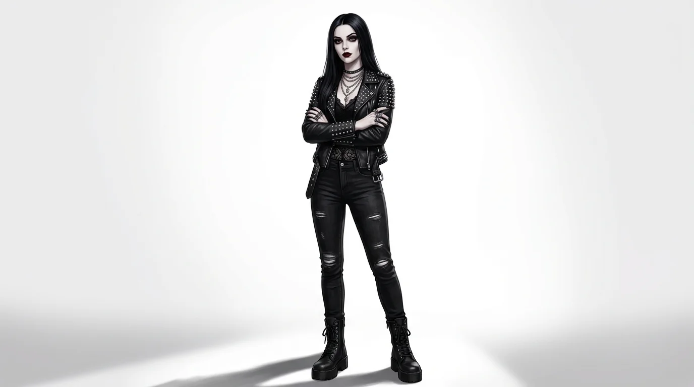 A full-body digital illustration of a goth woman with long black hair and dark makeup, wearing a black leather jacket and lace top, standing against a solid white background.