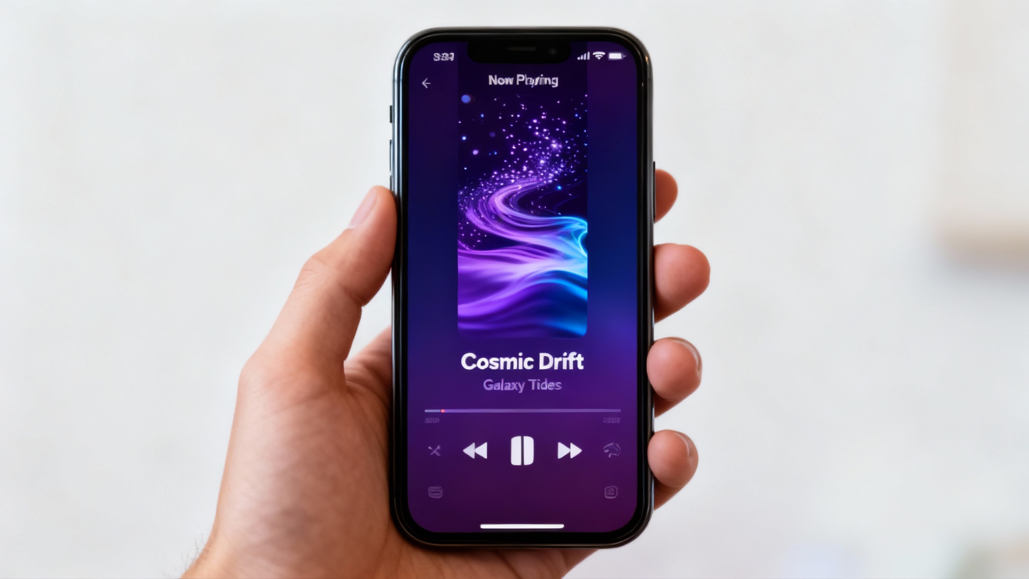 A smartphone screen displaying a Spotify Canvas with a looping video of purple and blue abstract waves behind a fictional song title and artist.
