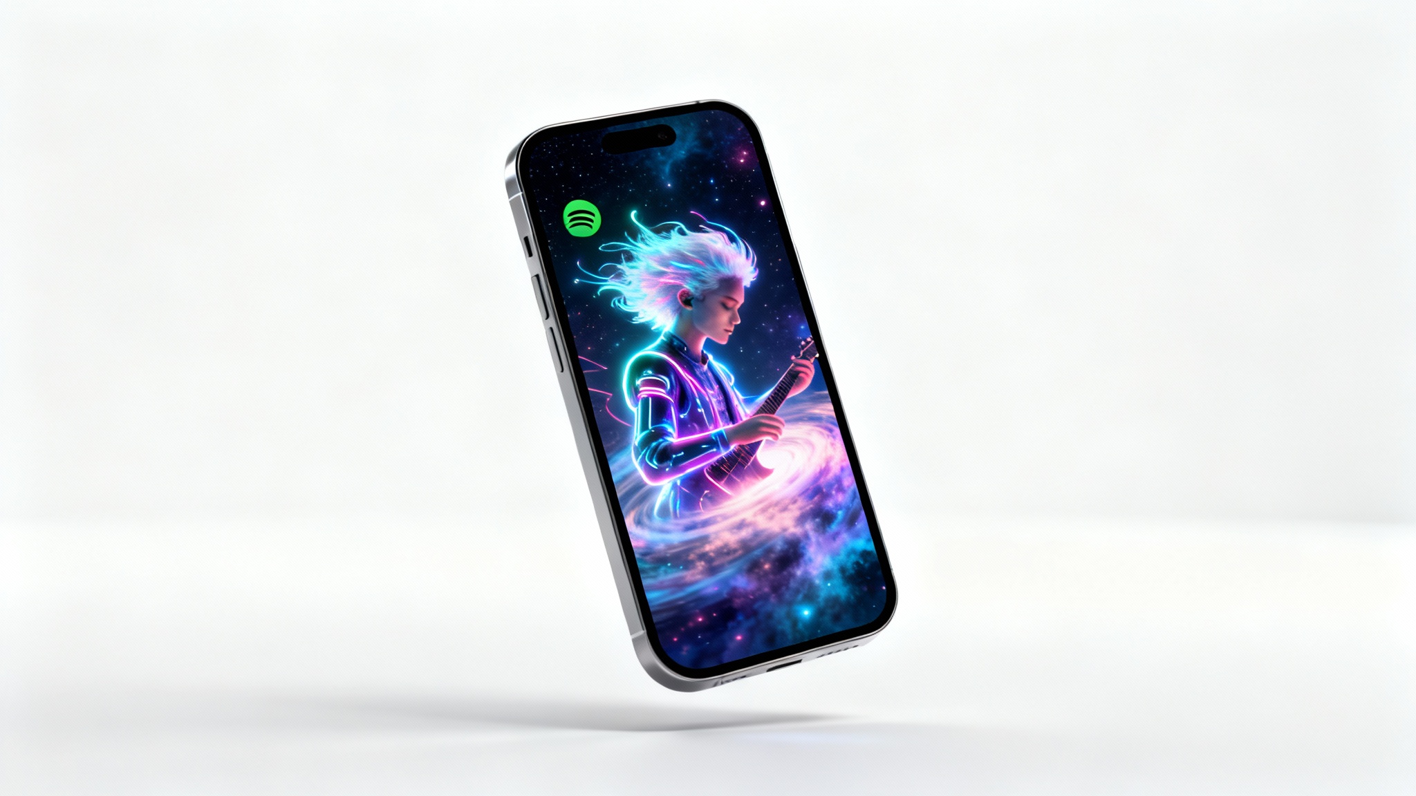 A modern smartphone displaying a vibrant, vertical music animation of a futuristic musician, representing a Spotify Canvas, against a clean white background.