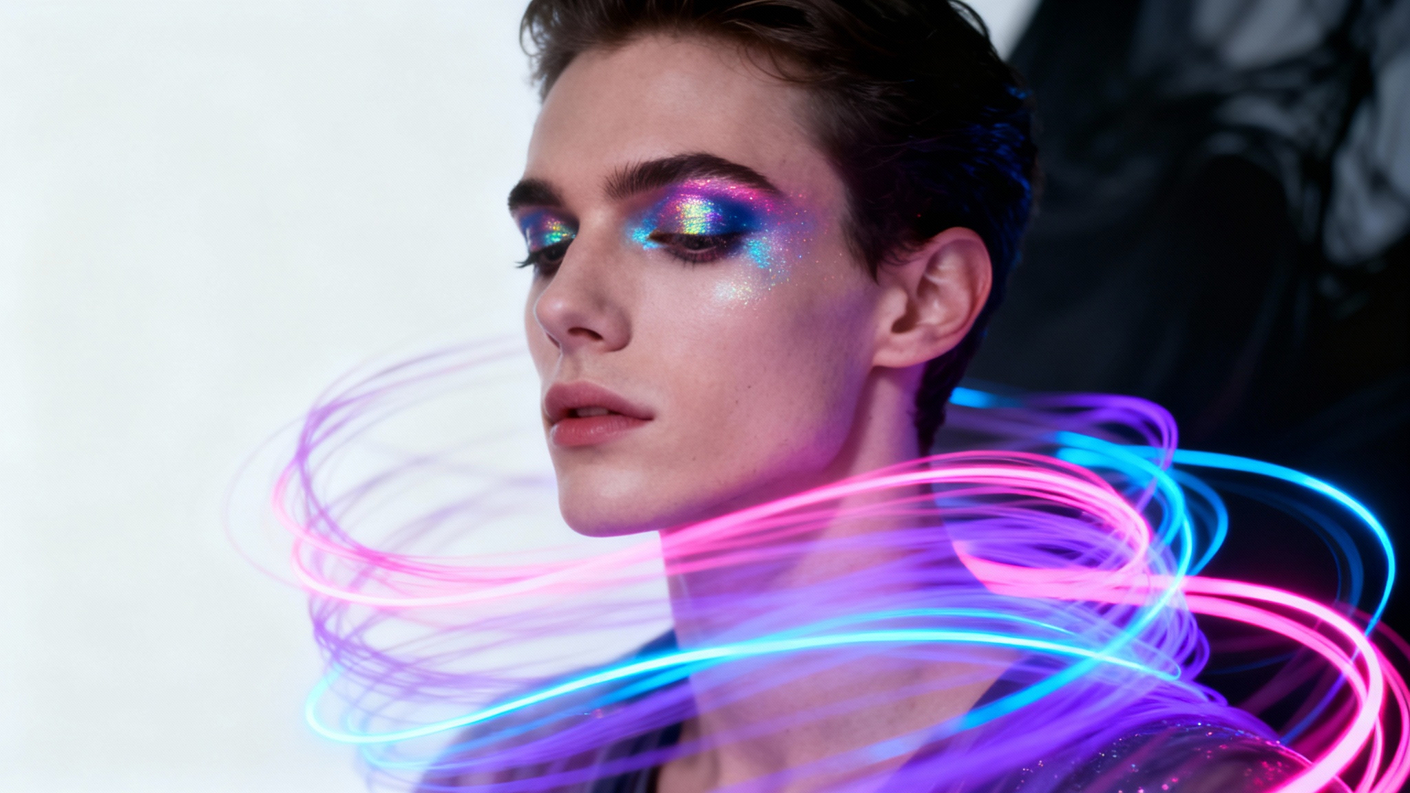 An artistic mockup of a vertical Spotify Canvas showing a person with iridescent makeup surrounded by swirling neon light trails, set against a clean white background.