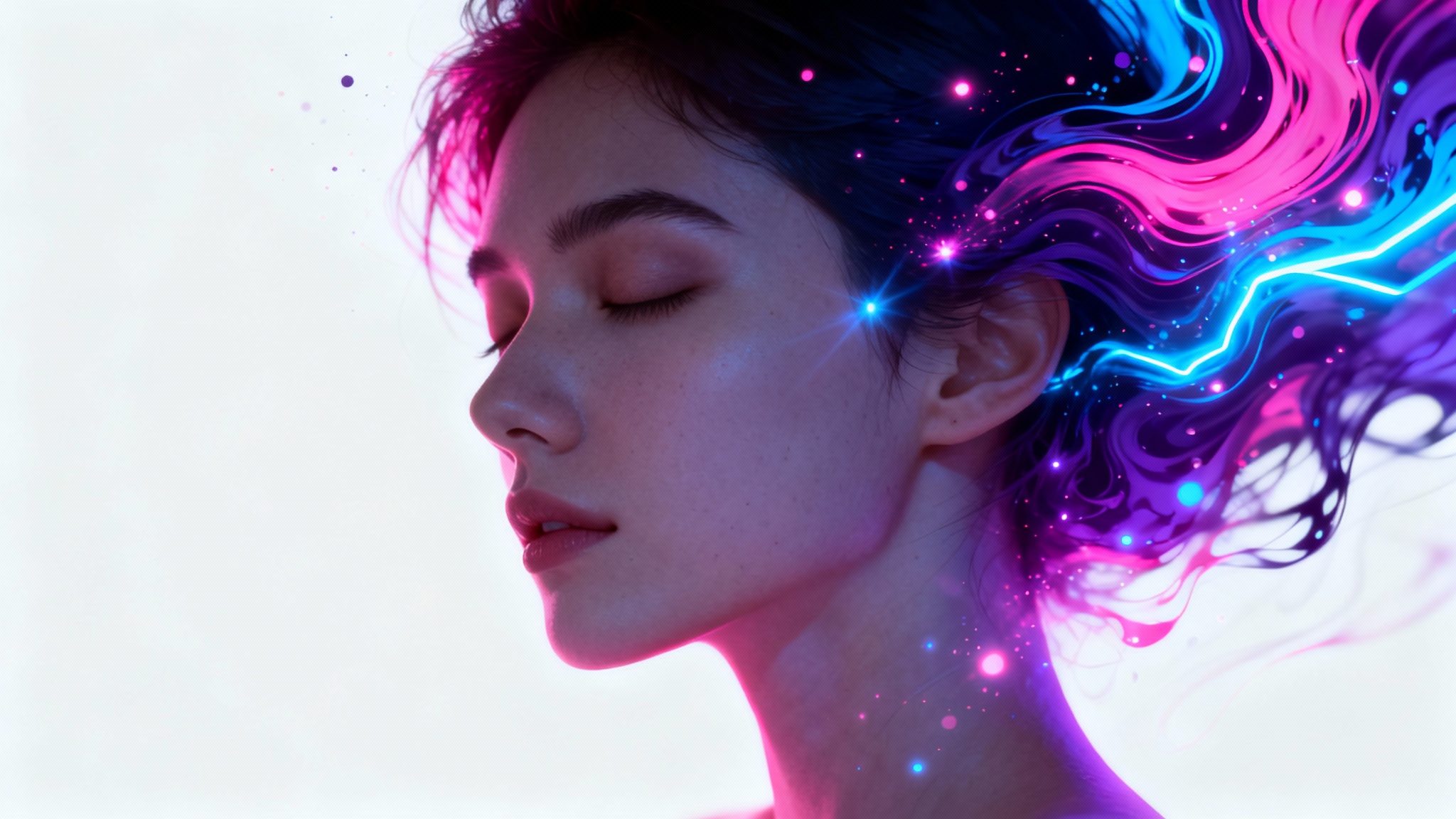 A vertical mockup of a Spotify Canvas featuring a surreal digital painting of a person's profile with eyes closed, set against a dynamic background of swirling neon pink and blue light.