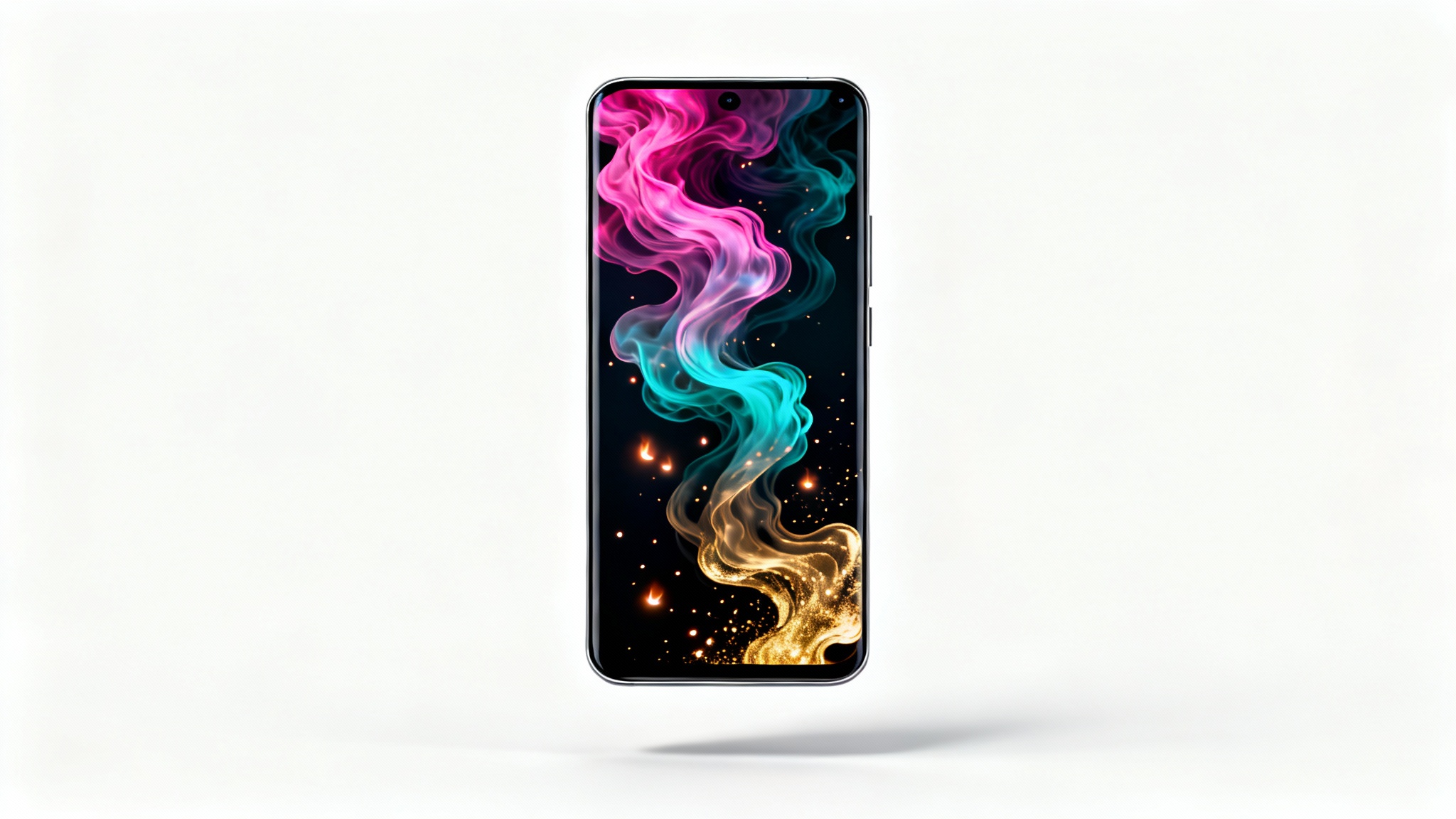 A mockup of a modern smartphone displaying a full-screen, vertical, abstract animation of swirling iridescent colors and glowing particles, representing a Spotify Canvas.